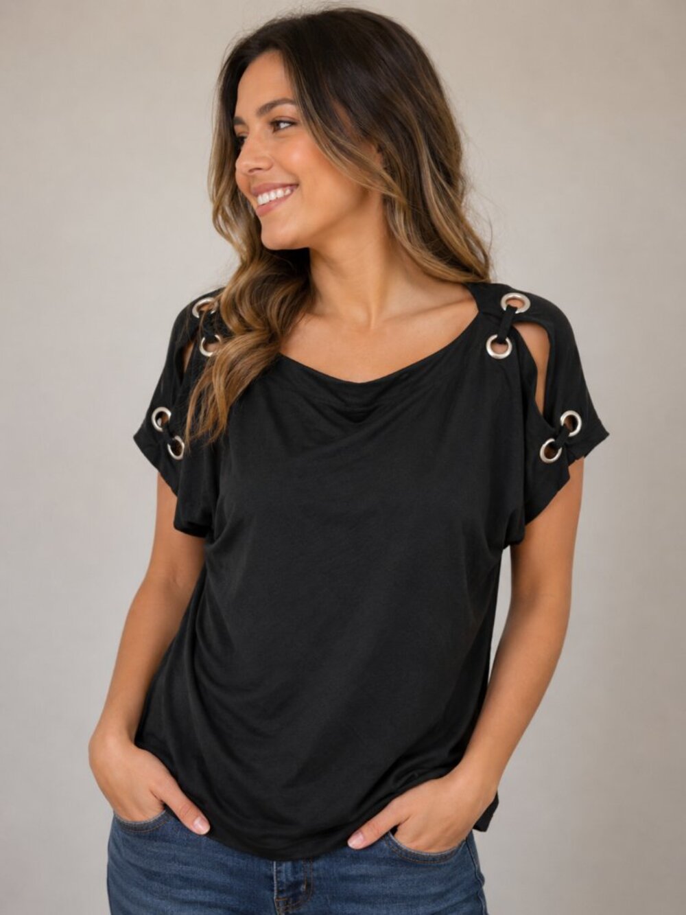 Cable & Gauge Black Cold Shoulder Grommet Top Women's Medium Draped Blouse